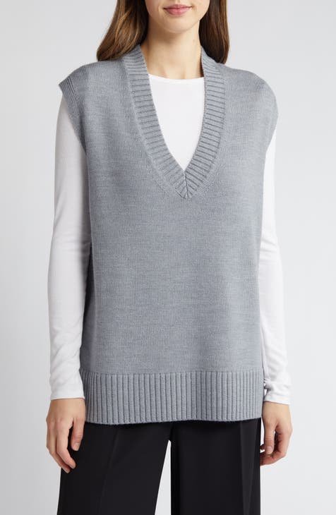  Sweater Vest Women Grey Oversized V Neck Sleeveless