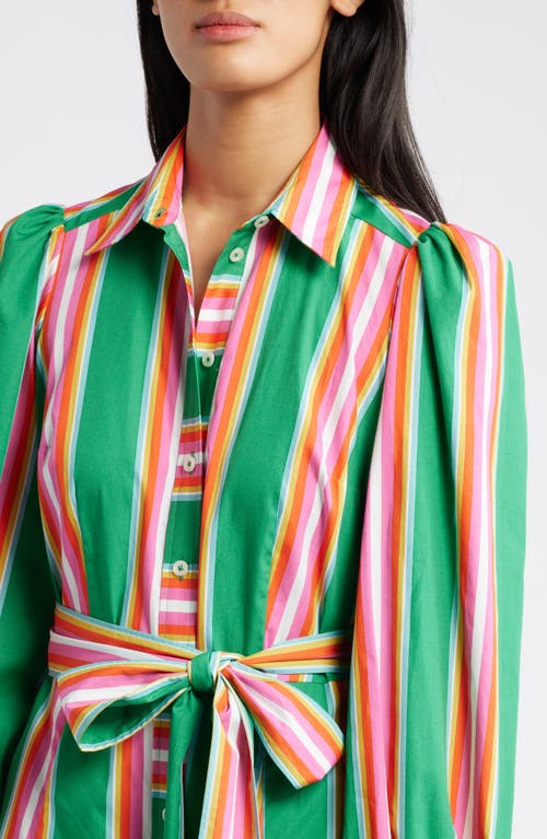 Shop Boden Long Sleeve Tie Belt Midi Shirtdress In Green Tambourine And Pink