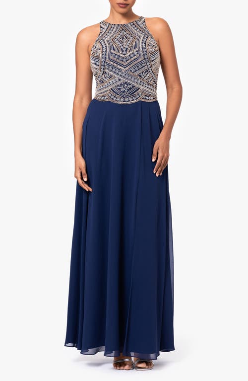 Betsy & Adam Beaded Bodice Sleeveless Gown In Navy/silver/copper