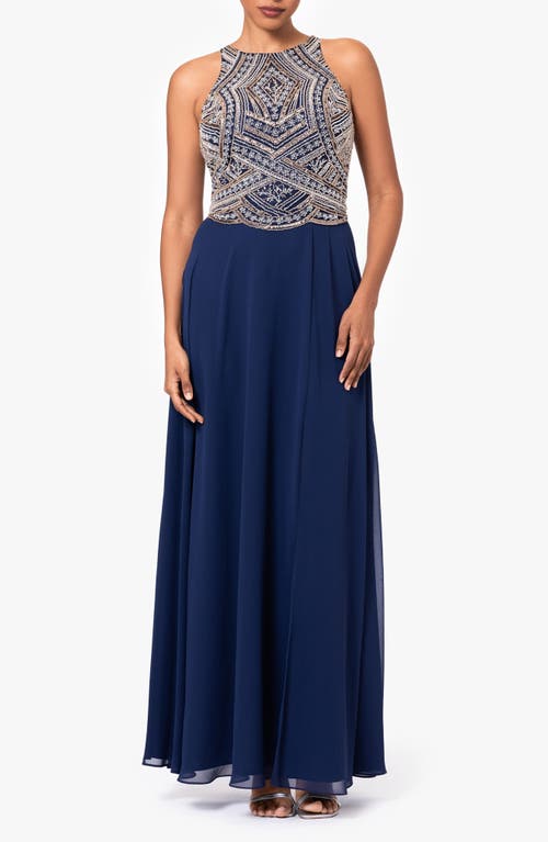 Shop Betsy & Adam Beaded Bodice Sleeveless Gown In Navy/silver/copper