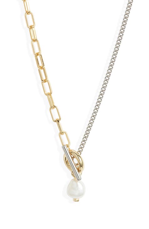 Leighton Convertible Gold Pearl Chain Necklace in White Pearl