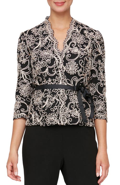 Embroidered Illusion Sleeve Blouse in Black/Taupe