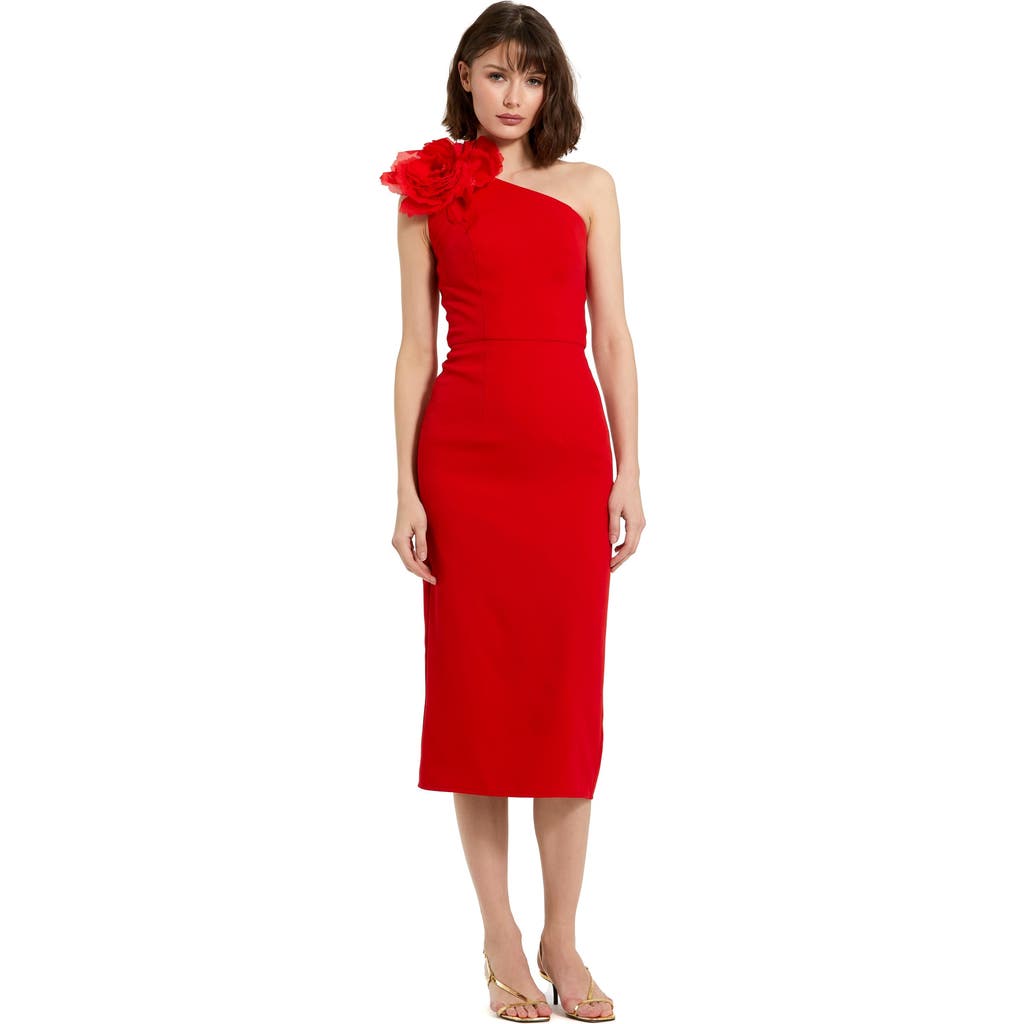 Mac Duggal Crepe One Shoulder Midi Dress With Flower In Cherry