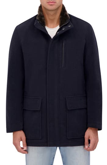 Cole Haan Signature Wool Blend Faux Fur Lined Stand Collar Jacket In Navy