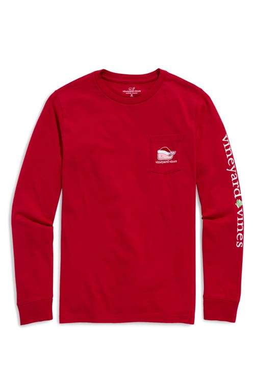 Shop Vineyard Vines Kids' Santa Whale Long Sleeve Cotton Pocket T-shirt In Red Velvet