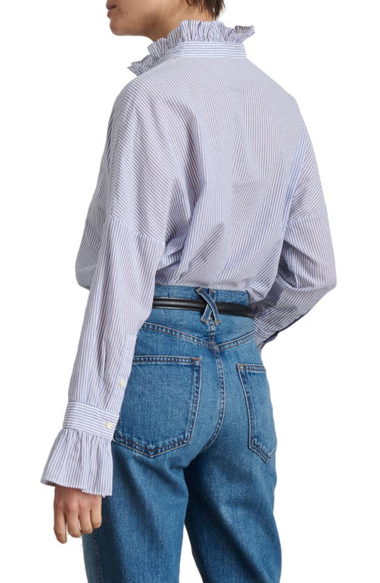 Shop Alex Mill Ruffle Collar Stripe Cotton Button-up Shirt In Navy/ White