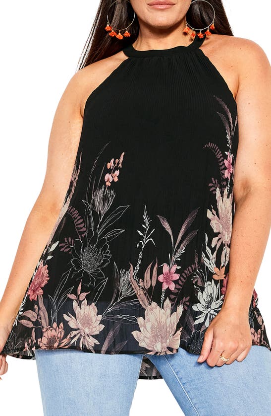 City Chic Tiffany Floral Print Sleeveless Top In Blk Botanical Bdr