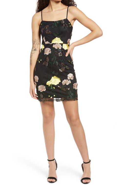 Embroidered Sequin Dress in Black Floral