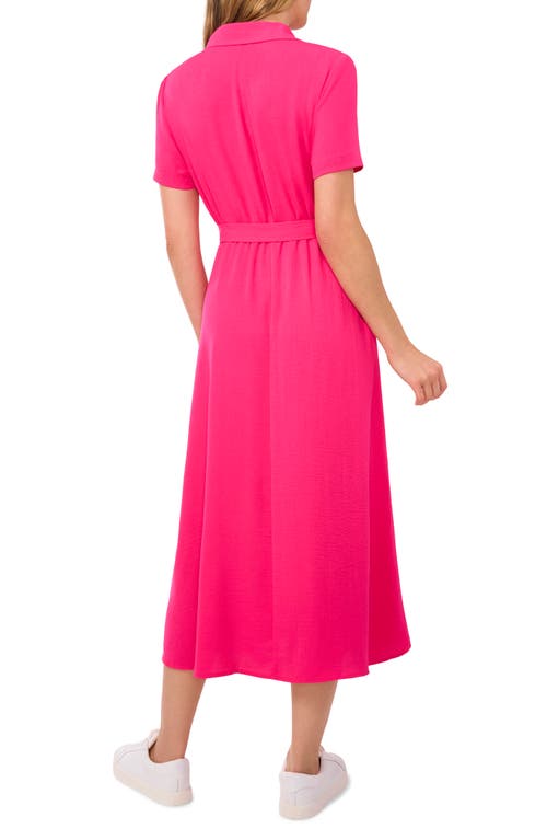 Shop Cece Tie Belt Button-up Twill Midi Dress In Bright Rose Pink