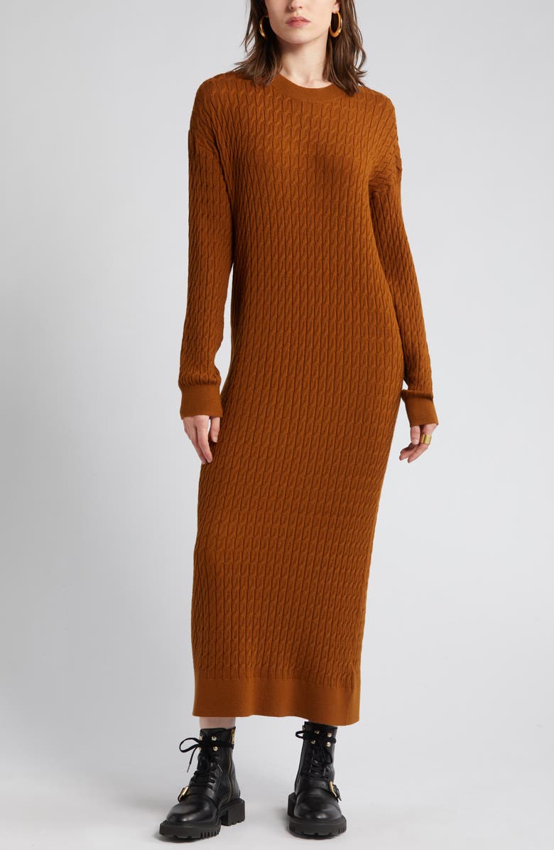 Treasure And Bond Cable Stitch Long Sleeve Midi Sweater Dress Nordstrom 2165