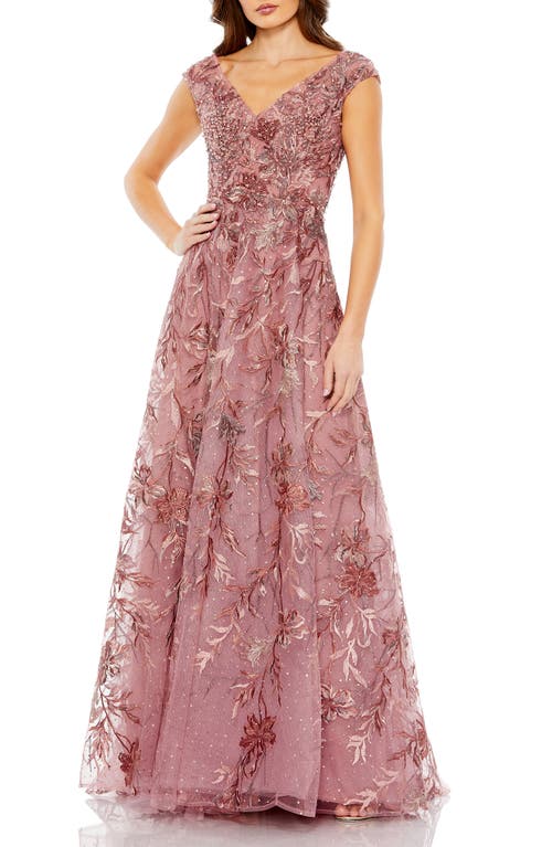 Mac Duggal Floral Embroidered V-Neck Tulle Ballgown at Nordstrom,