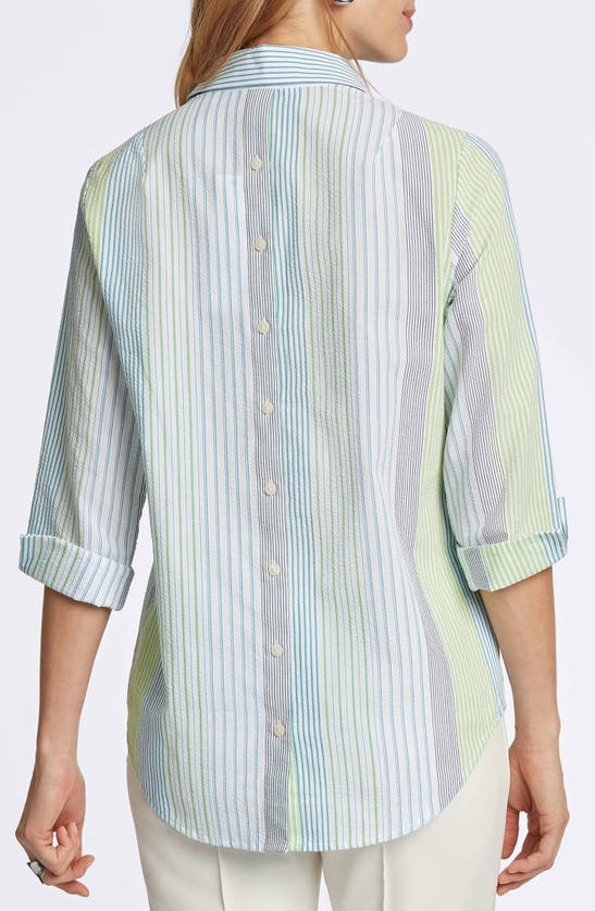 Shop Foxcroft Therese Variegated Stripe Split Back Seersucker Popover Shirt In Blue Multi