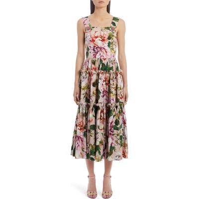 Dolce & gabbana Tiered Floral Cotton Poplin Midi Dress, US / 42 IT - Pink