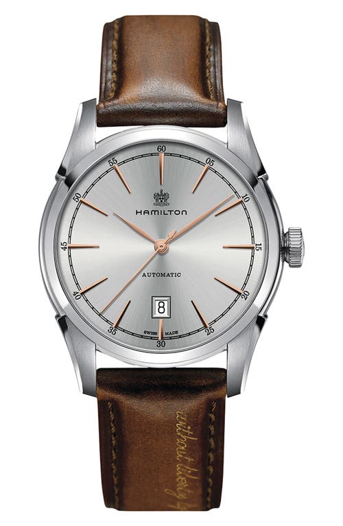 Hamilton American Classic Automatic Leather Strap Watch, 42mm in Brown/Silver at Nordstrom
