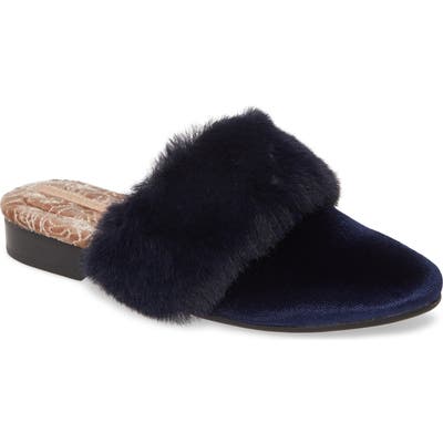 Taryn Rose Brailyn Faux Fur Trim Mule- Blue
