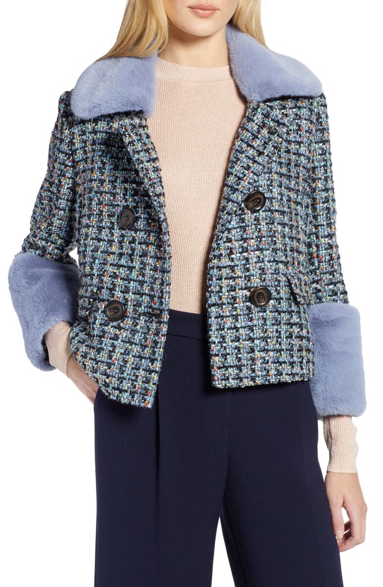 HALOGEN<SUP>®</SUP> x Atlantic-Pacific Tweed Jacket with Removable Faux Fur Trim, Main, color, BLACK MULTI TWEED