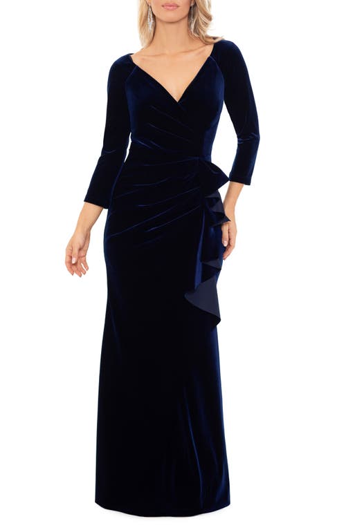 Xscape Evenings Side Ruffle Velvet Gown In Navy