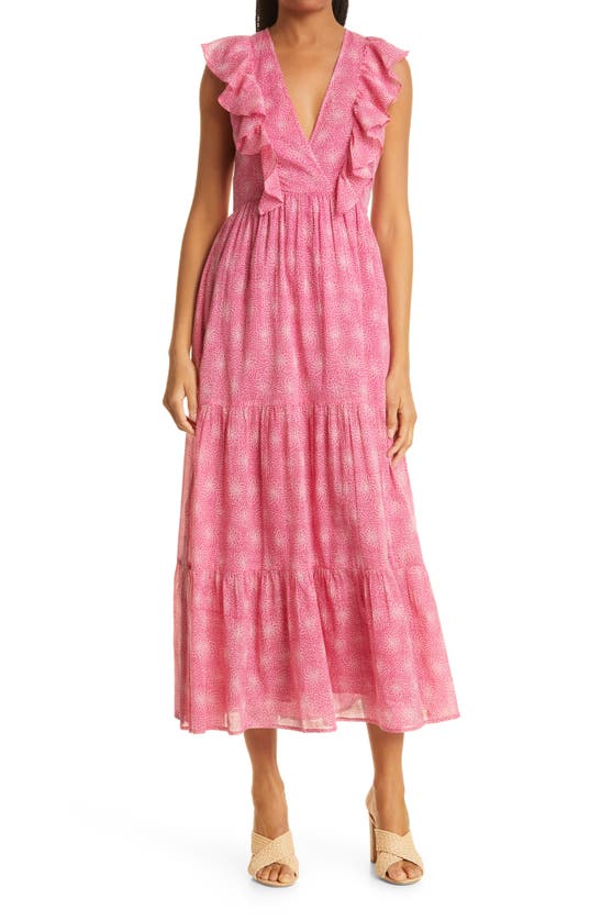 Banjanan Orion Ruffle Floral Cotton Midi Dress In Petal Power Fuchsia ...