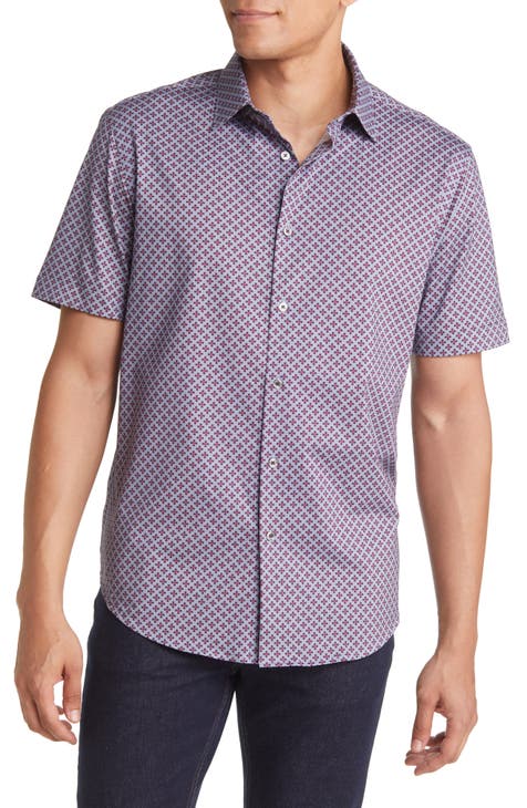 OoohCotton® Tech Geo Print Stretch Cotton Button-Up Shirt