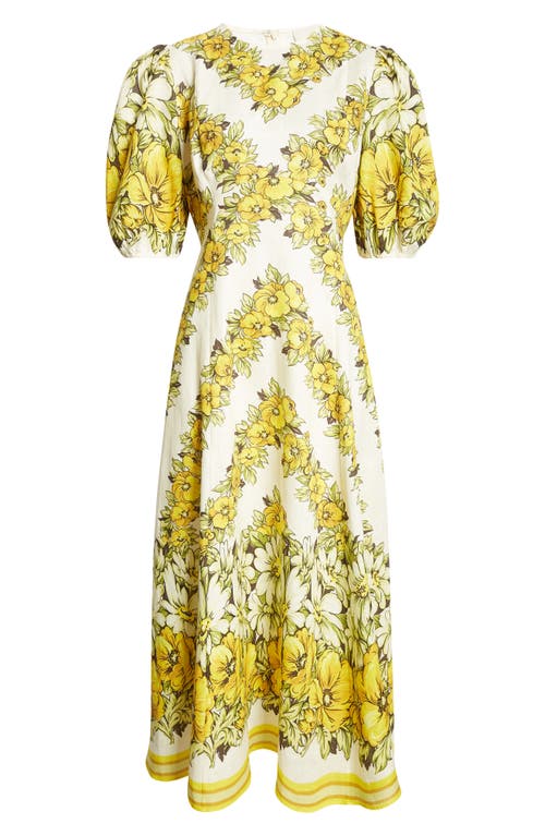 Shop Alemais Gisela Floral Puff Sleeve Midi Dress In Yellow