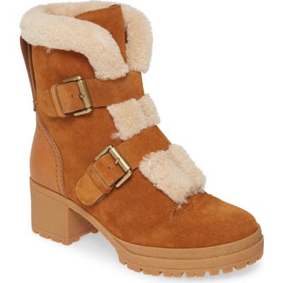 See By Chloe Brandie Genuine Shearling Buckle Bootie, Brown