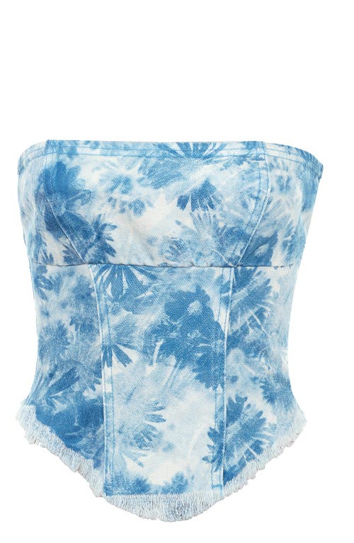 Mistress Rocks Floral Strapless Denim Corset Top In Blue