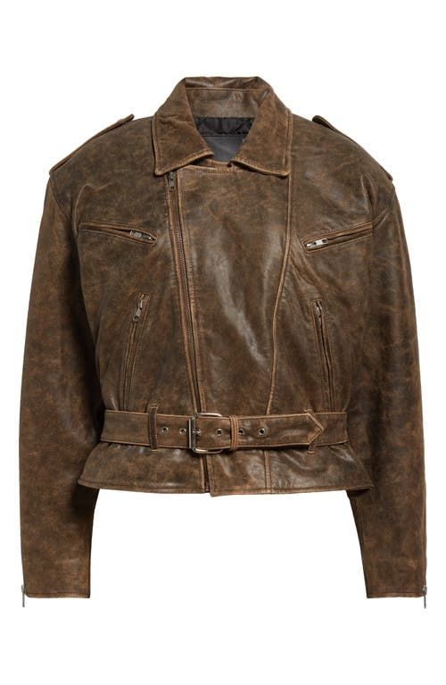 Shop R13 Exaggerated Shoulder Leather Moto Jacket In Brown Leather