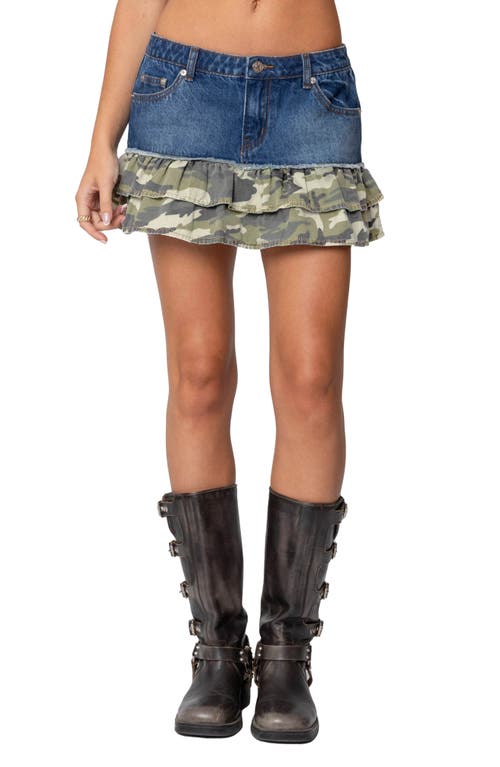 Shop Edikted Camo Ruffle Denim Miniskirt In Blue-washed