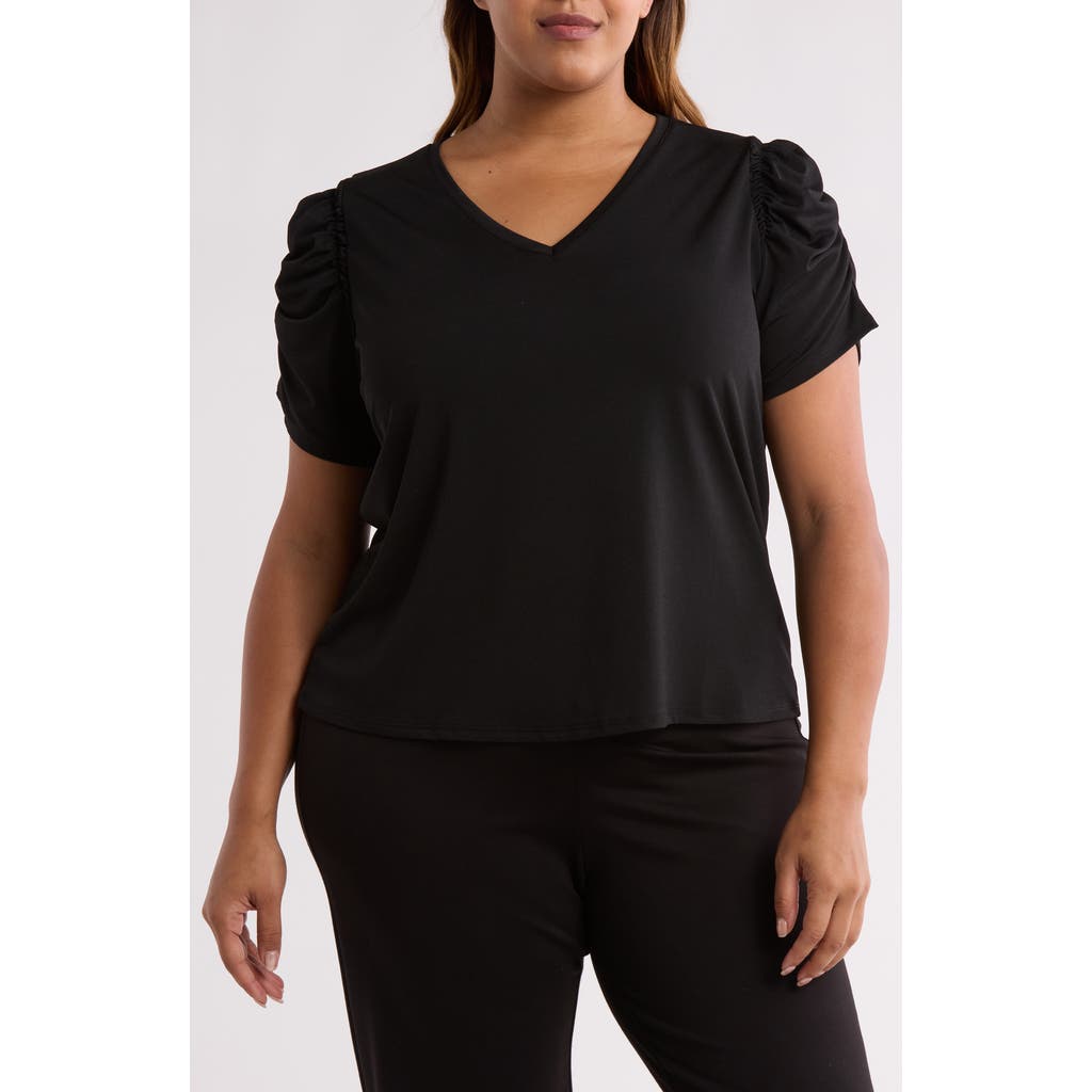 T Tahari Ruched V-neck T-shirt In Black