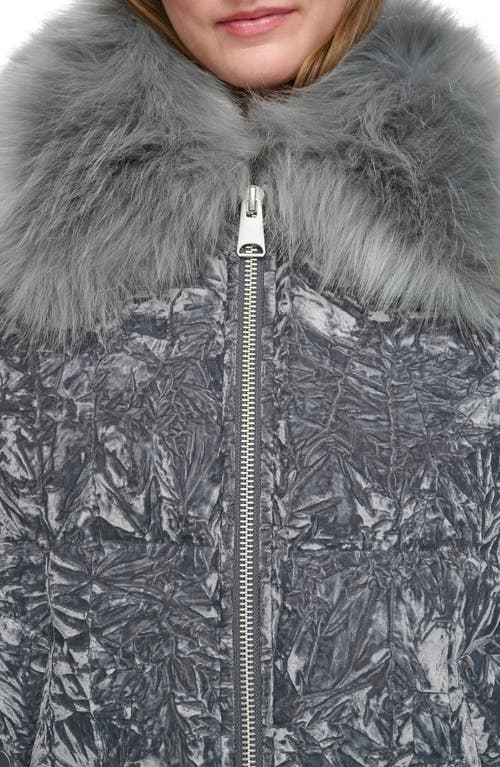 Andrew Marc Charleroi Faux Fur Collar Down & Feather Fill Velvet Puffer Jacket In Peppercorn