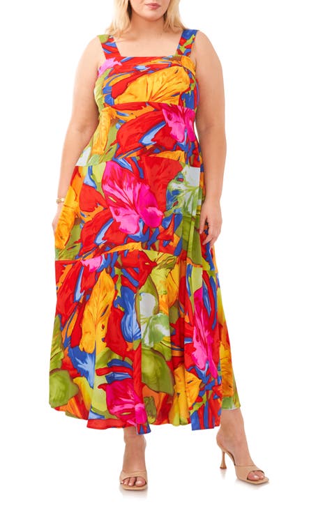 Print Sleeveless Tiered Maxi Dress (Plus)