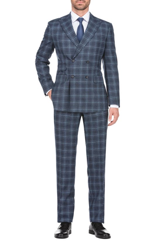 English Laundry 4-piece Trim Fit Double Breasted Plaid Jacket & Pants Suit Set In Blue