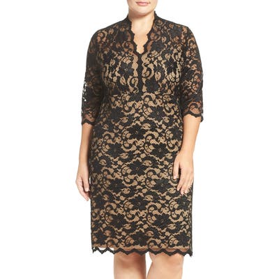 Plus Size Karen Kane Scalloped V-Neck Stretch Lace Dress, Black
