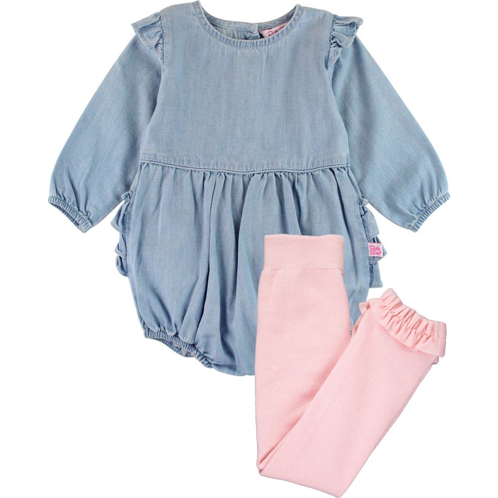 Rufflebutts Ruffle Denim Bubble Romper & Tights Set In Light Wash Denim