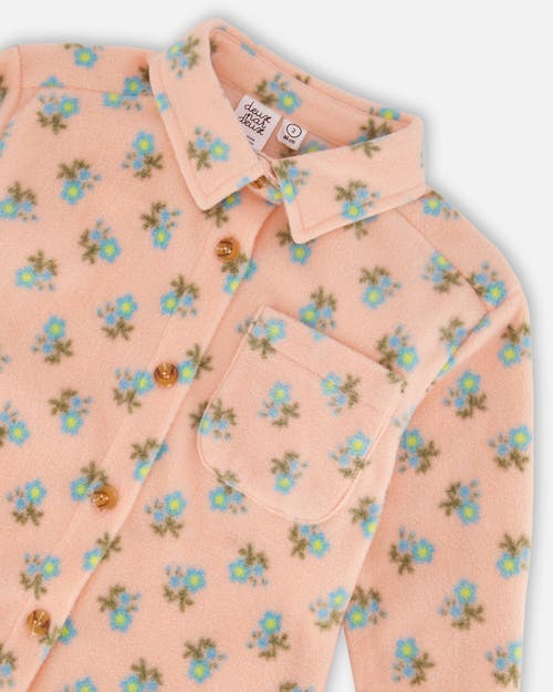 Deux Par Deux Little Girl's Printed Polar Fleece Shirt Peach With Blue Flowers In Printed Flowers