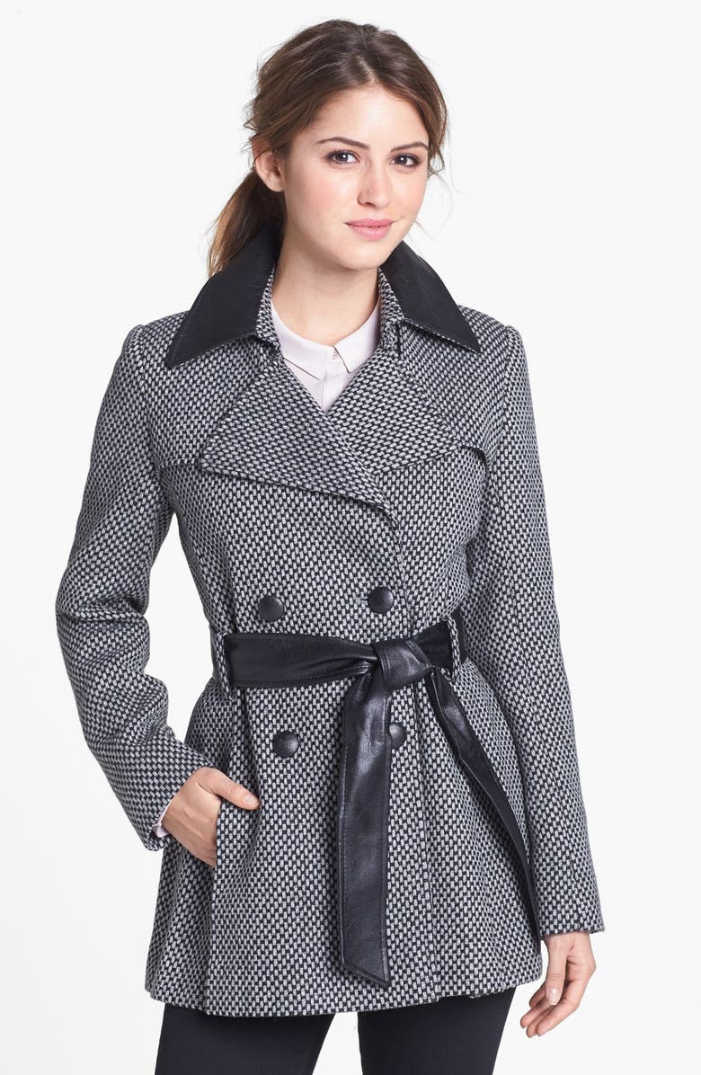 Via Spiga Faux Leather Trim Belted Tweed Coat | Nordstrom