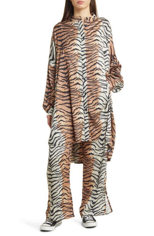 Dressed in Lala Tiger Stripes Oversize Button-Up Satin Shirt & High Waist Crop Pants at Nordstrom, Size Large