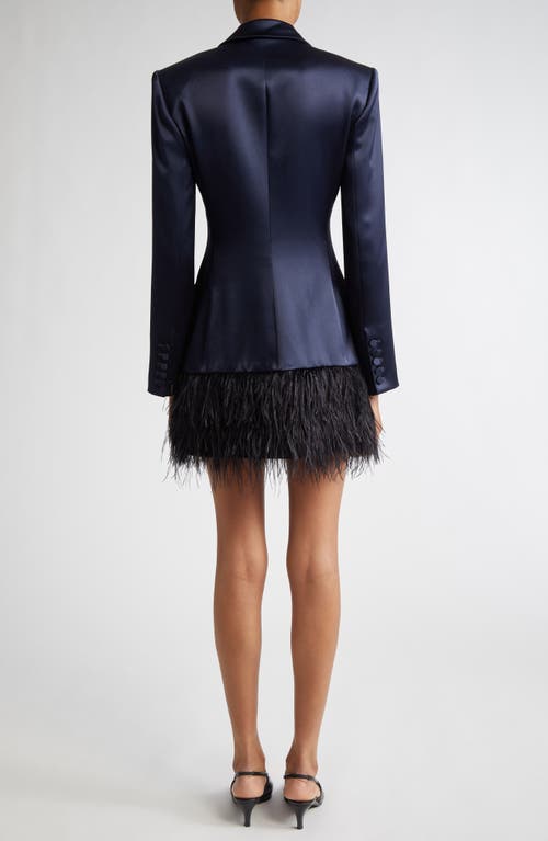 Shop Cinq À Sept Joel Feather Hem Long Sleeve Satin Blazer Minidress In Navy