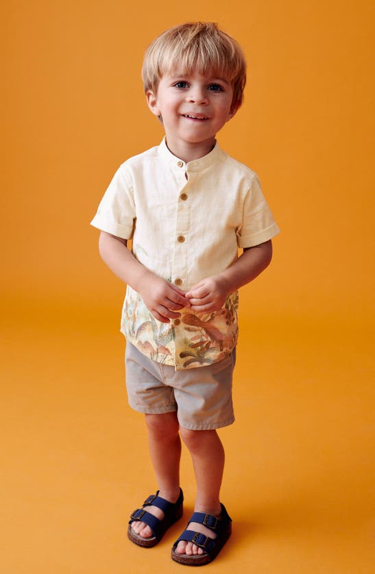 Shop Next Kids' Dinosaur Print Short Sleeve Cotton & Linen Button-up Shirt In Natural