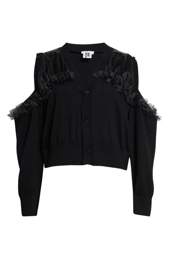 Shop Noir Kei Ninomiya Ruffle Mixed Media Cold Shoulder Cardigan In Black