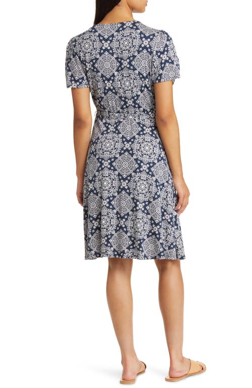 Shop Loveappella Short Sleeve Faux Wrap Dress In Navy/ivory