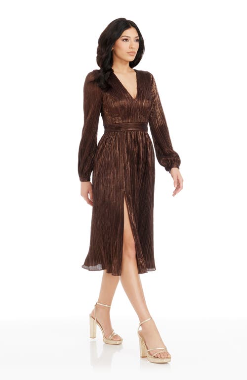 Shop Dress The Population Holly Long Sleeve Metallic Plissé Dress In Mocha