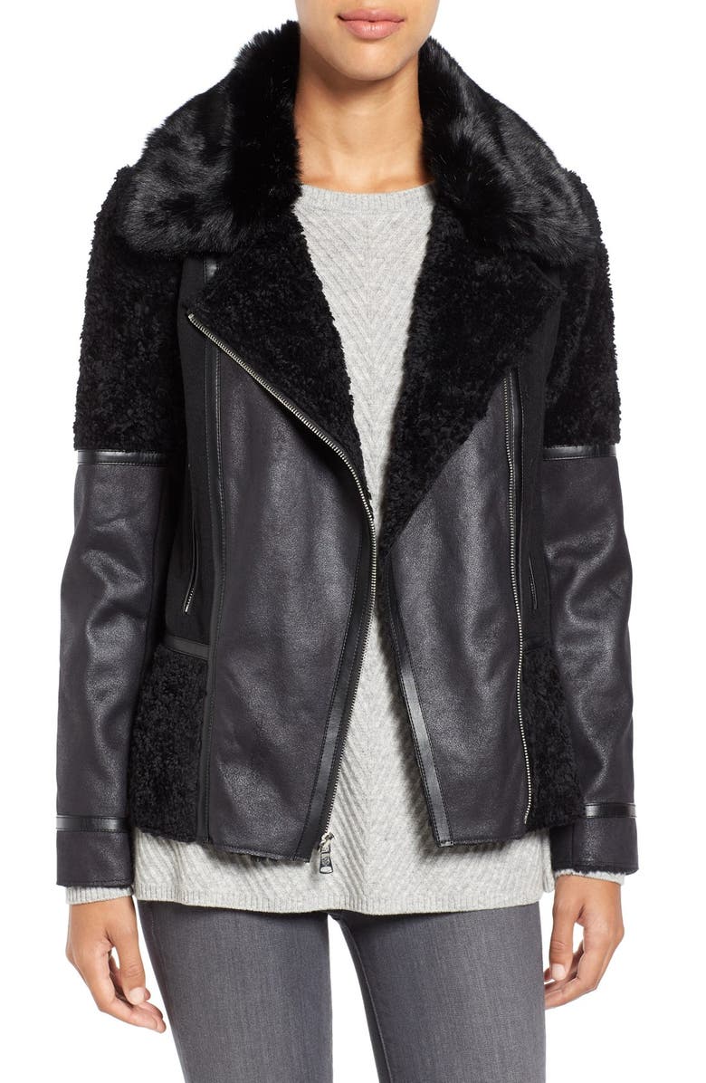 Vince Camuto Mixed Media Faux Shearling Moto Jacket | Nordstrom