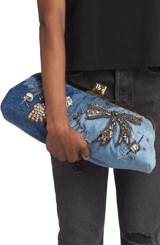 Dolce & Gabbana Rhinestone & Safety Pin Denim Patchwork Bag