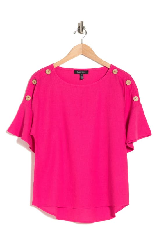 Ellen Tracy Round Neck Button Detail Linen Blend Top In Fuchsia