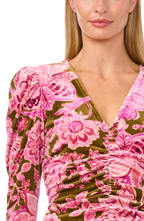 Cece Floral Ruched Puff Sleeve Stretch Velvet Top In Antique Olive