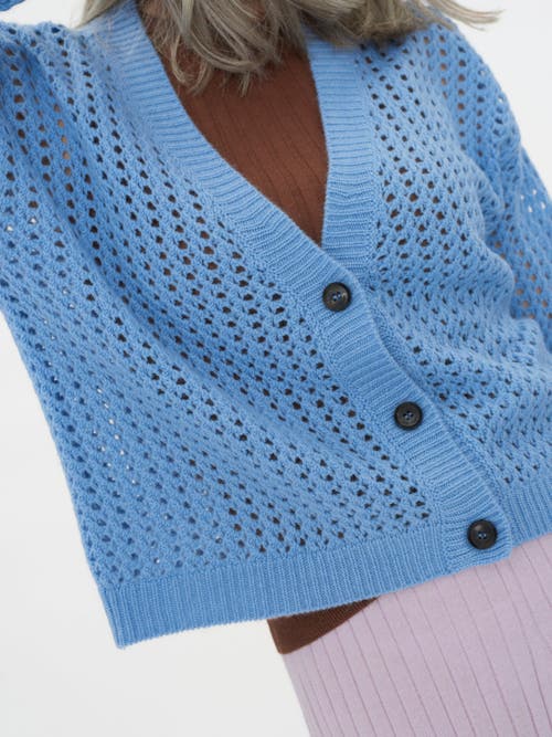 Gobi Mongolian Cashmere Ajour Knit Cardigan In Airy Blue