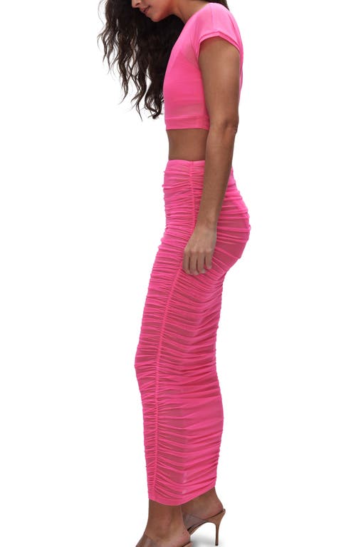 Shop Good American Ruched Mesh Cover-up Maxi Skirt In Knockoutpink001