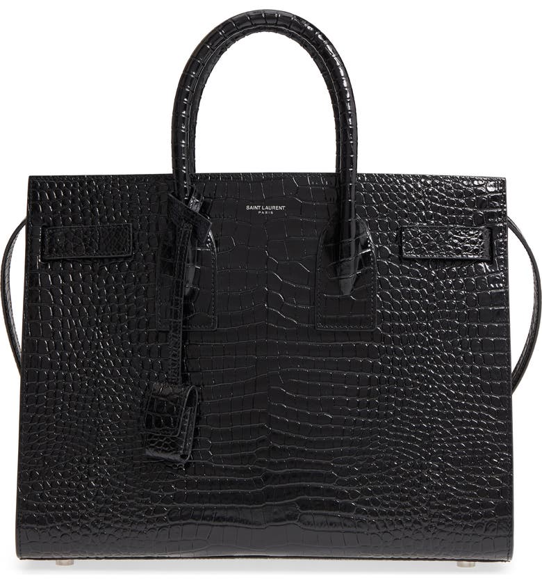 SAINT LAURENT Small Sac de Jour Croc Embossed Calfskin Leather Tote, Main, color, NERO/ NERO