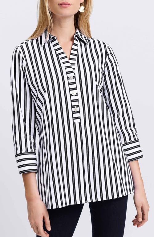 Shop Foxcroft Pamela Stripe Cotton Blend Tunic Shirt In Black/white